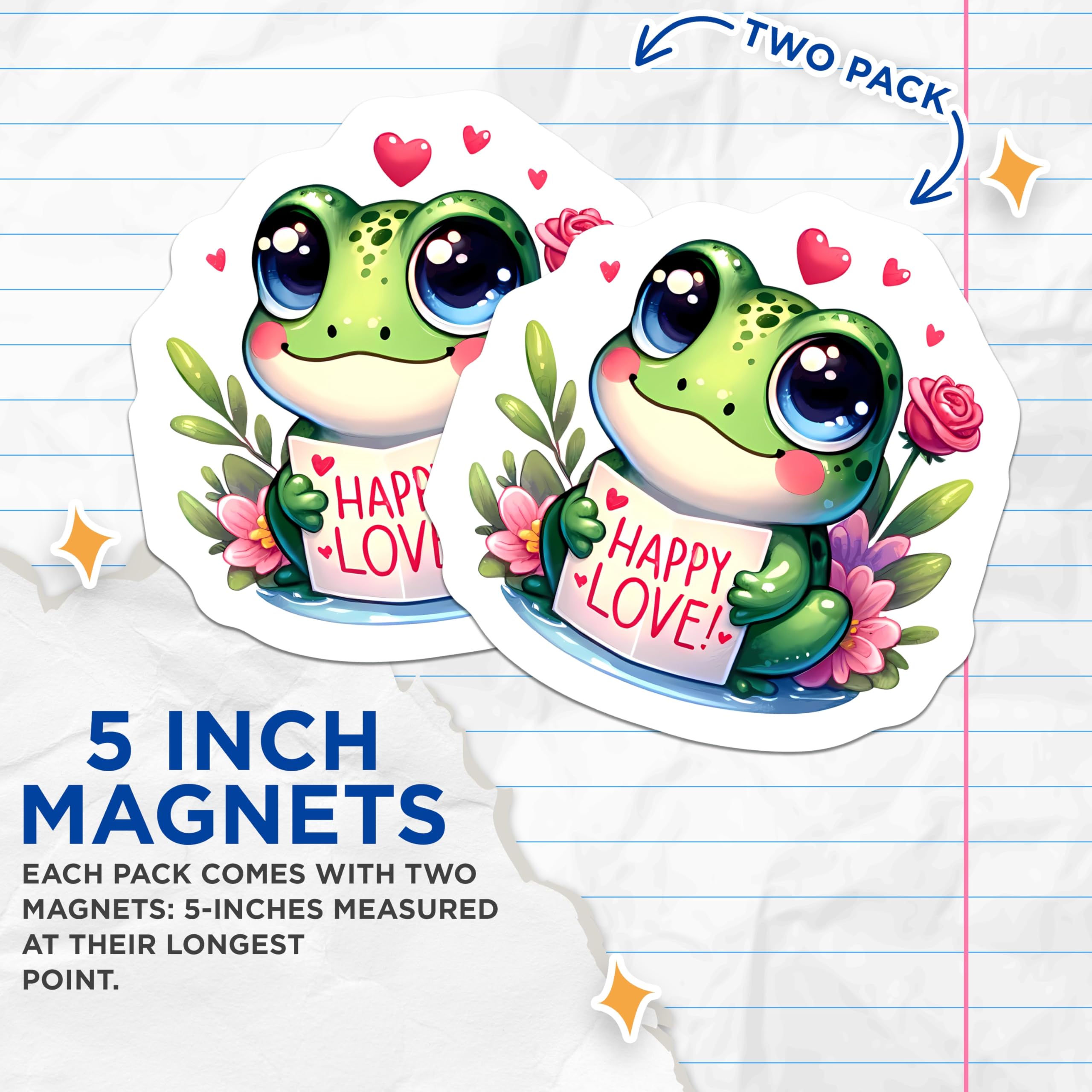 (2 Pack) Cute Frog Magnets - Adorable Kawaii Amphibian Art with Happy Love Sign - Valentine's Day Refrigerator Locker Decor - 5 Inches On Longest Side - Thick Durable Magnet - Made in USA - MAG22784