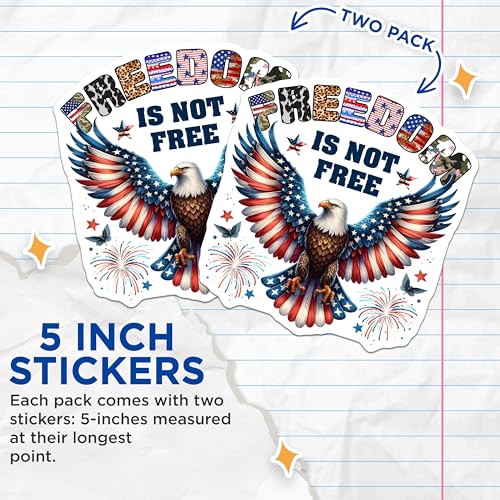 (2 Pack) Freedom is Not Free Stickers - Patriotic Eagle Decal - American Pride Independence Day - 5" On Longest Side - Sticks to Smooth Flat Surfaces - Made in USA - BMCS7405