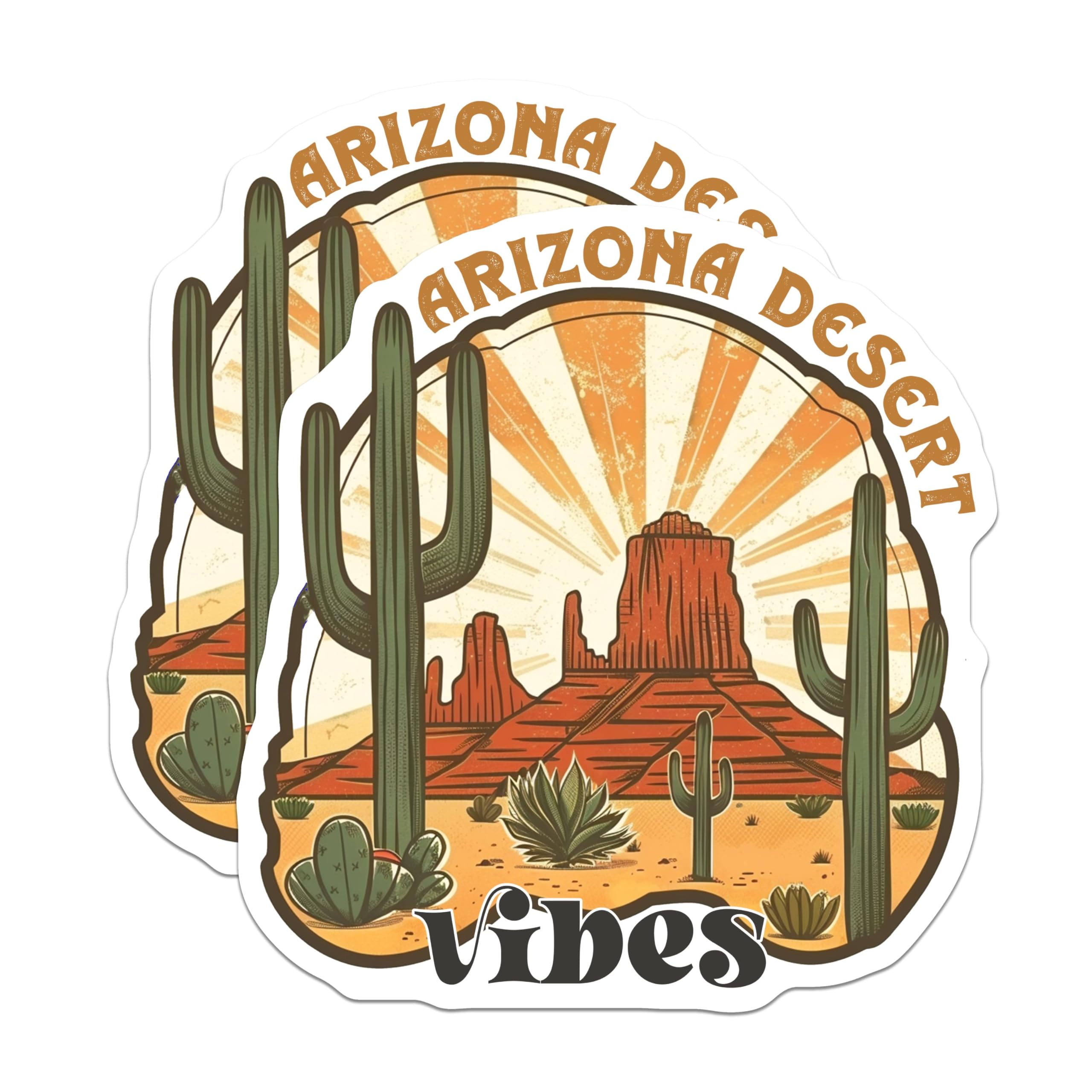 (2 Pack) Arizona Desert Vibes Stickers - Sunburst Desert Cacti Art - Southwest Landscape Stickers - 5" On Longest Side - Sticks to Smooth Flat Surfaces - Made in USA - BMCS4314