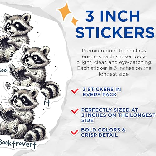 (3 Pack) Booktrovert Raccoon Decals - Reader Animal Decal - Introvert Laptop Decals- 3 Inches On Longest Side - Easy Peel & Apply - Made in USA - 3MCS5631