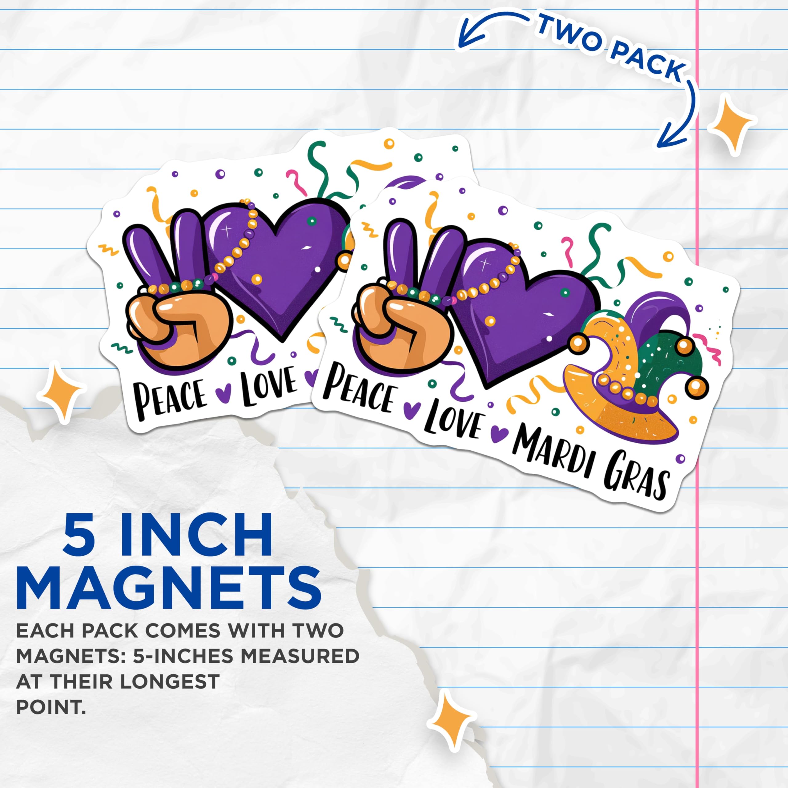 (2 Pack) Mardi Gras Magnets - Peace Love - New Orleans Decor - 5" On Longest Side - Premium Magnet - for Cars, Refrigerators, Toolboxes, Lockers - Made in USA - MAG14057
