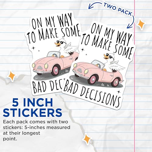 (2 Pack) Funny Duck Driving Stickers - Sarcastic Animal - On My Way to Make Some Bad Decisions - 5" On Longest Side - Sticks to Smooth Flat Surfaces - Made in USA - BMCS9962