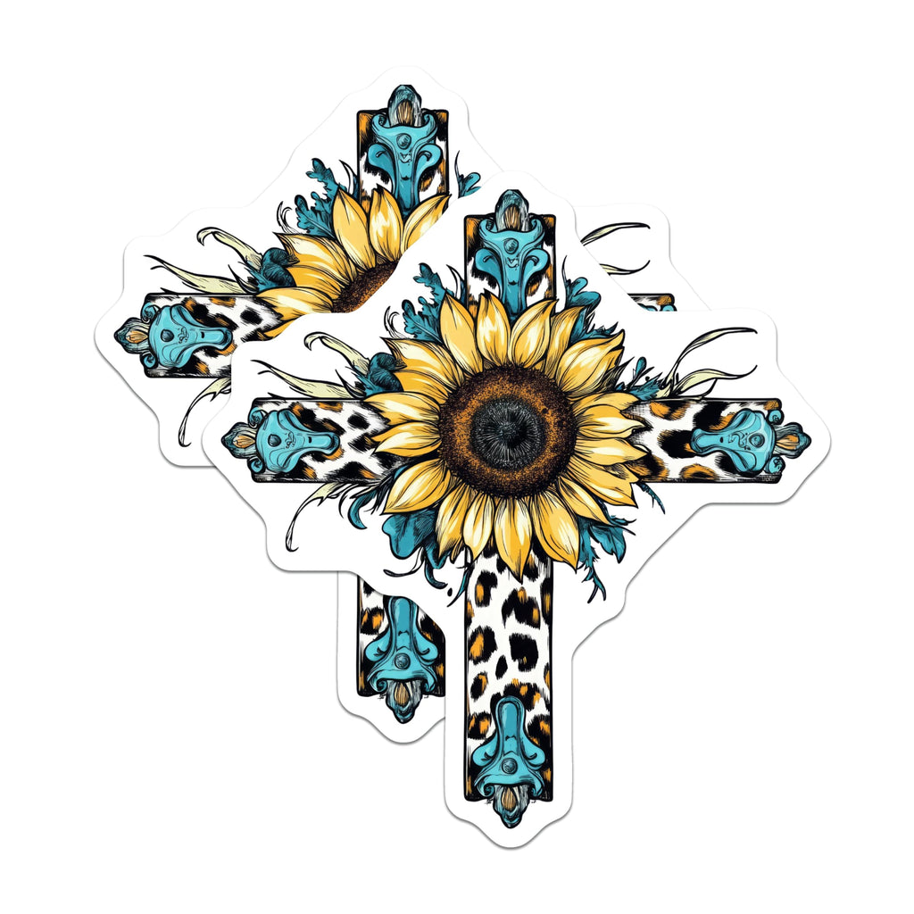 (2 Pack) Sunflower Cross Stickers - Leopard Print - Religious Floral Decal - 5" On Longest Side - Sticks to Smooth Flat Surfaces - Made in USA - BMCS8736