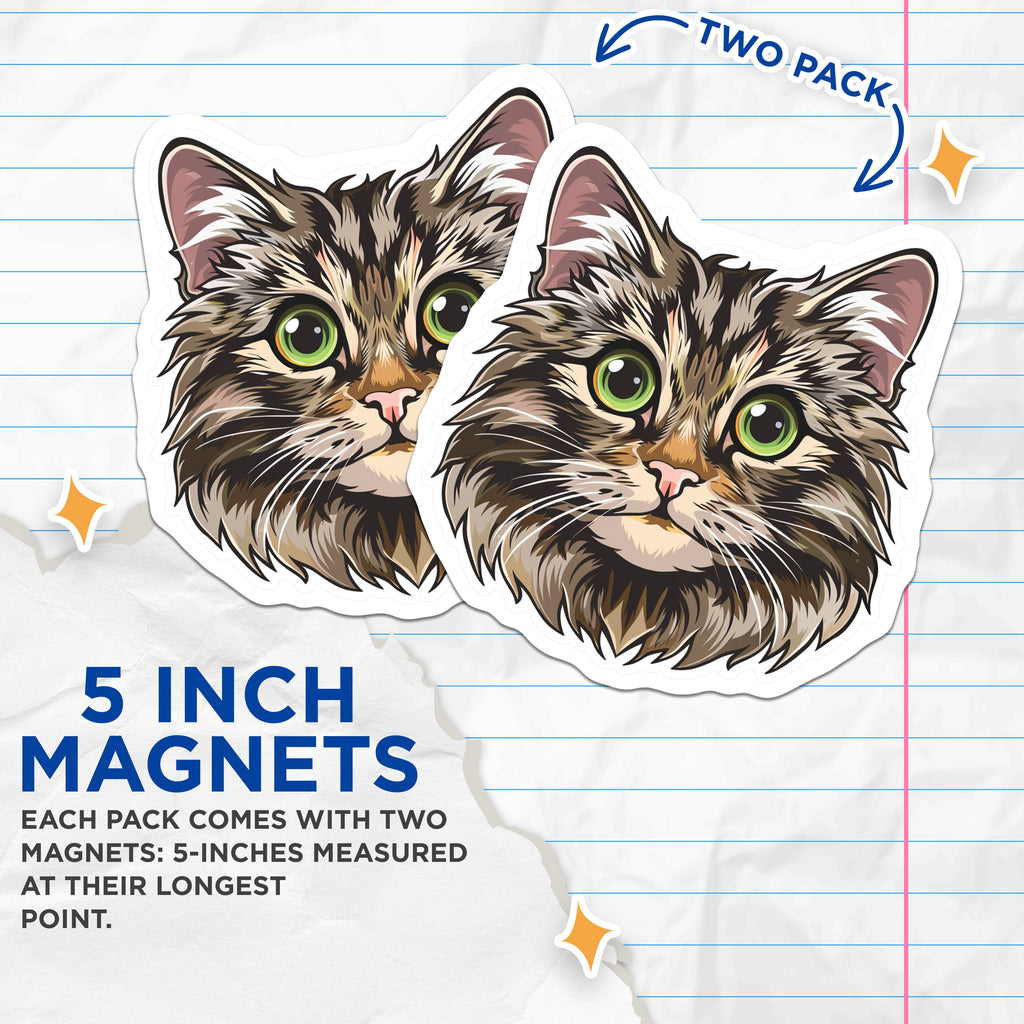 (2 Pack) Tabby Cat Magnets - Cute Pet Lover Refrigerator Decor - Animal Face Locker Magnets - 5 Inches On Longest Side - Thick Durable Magnet - Made in USA - MAG36847