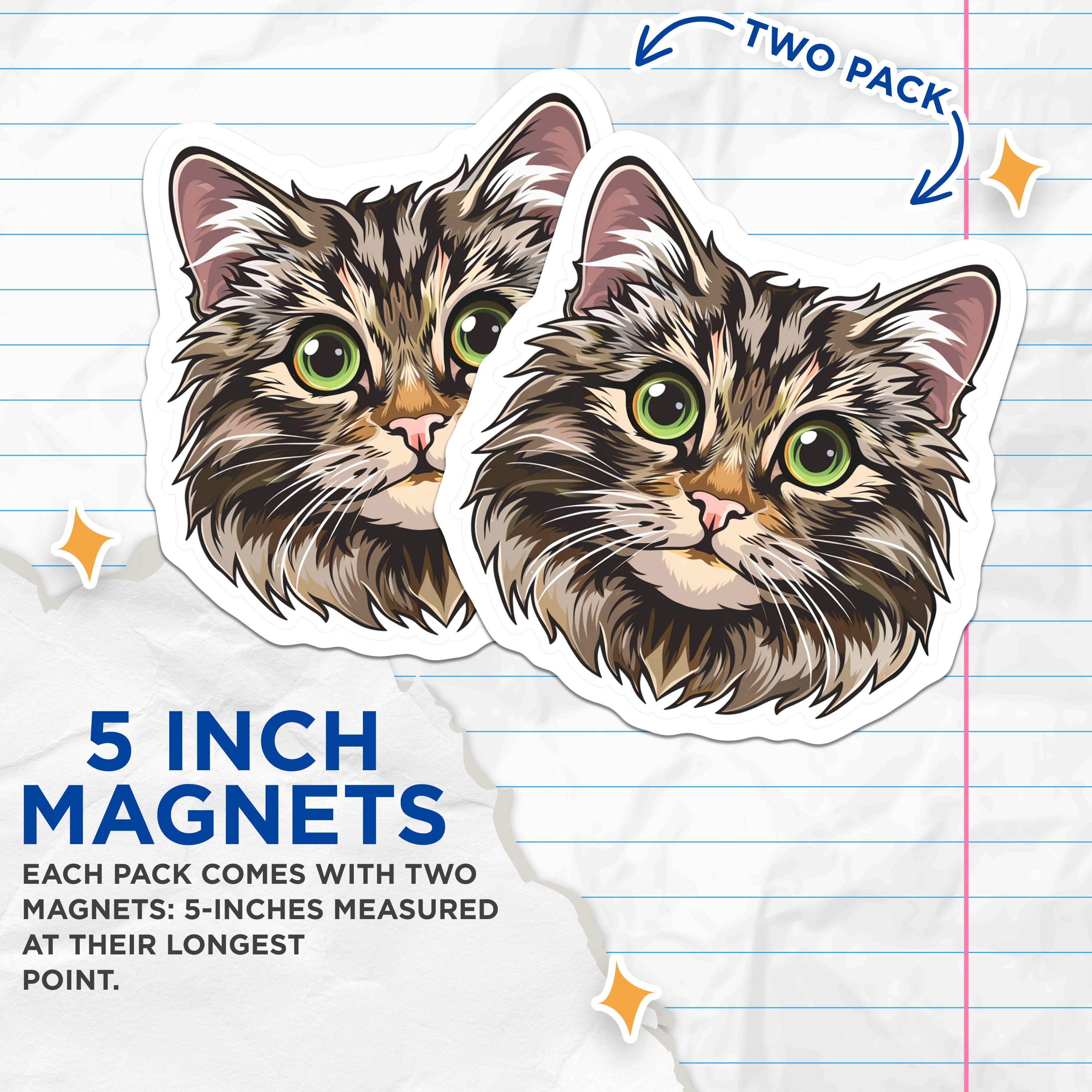 (2 Pack) Tabby Cat Magnets - Cute Pet Lover Refrigerator Decor - Animal Face Locker Magnets - 5 Inches On Longest Side - Thick Durable Magnet - Made in USA - MAG36847
