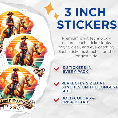 (3 Pack) Cowboy Horse Decals - Western Rider Stickers - Saddle Up Decor- 3 Inches On Longest Side - Easy Peel & Apply - Made in USA - 3MCS5601