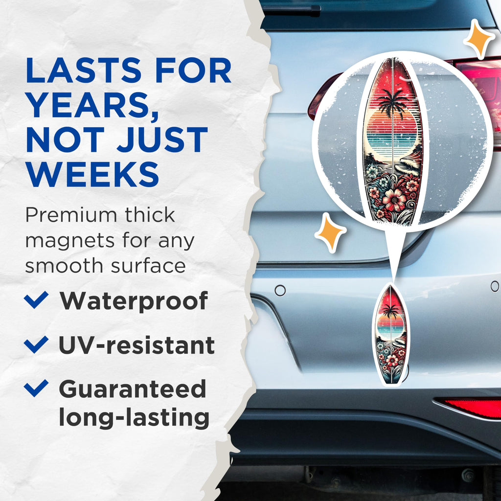 (2 Pack) Surfboard Magnets - Tropical Beach Art - Retro Summer Vibe Magnets - 5" On Longest Side - Premium Magnet - for Cars, Refrigerators, Toolboxes, Lockers - Made in USA - MAG15490