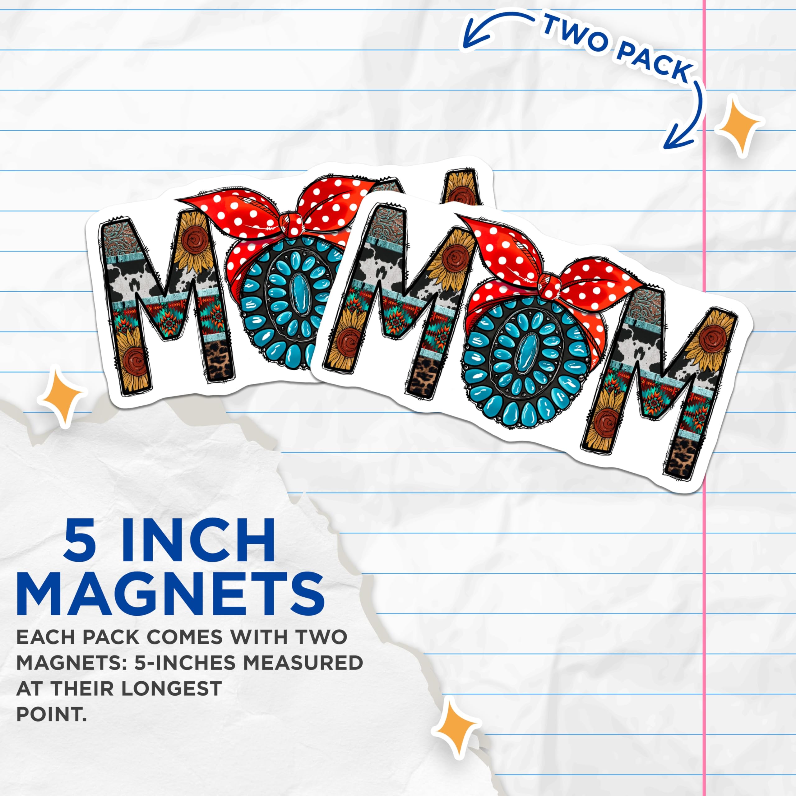(2 Pack) Western Mom Magnets - Country Boho Kitchen Decor - Turquoise Concho Sunflower Cow Print Art - 5 Inches On Longest Side - Thick Durable Magnet - Made in USA - MAG29746