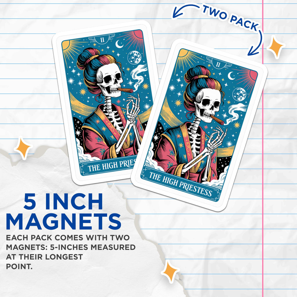 (2 Pack) High Priestess Tarot Card Art Magnets - Smoking Skeleton Celestial Decor - Occult Witchy Fridge Accessories - 5 Inches On Longest Side - Thick Durable Magnet - Made in USA - MAG20309