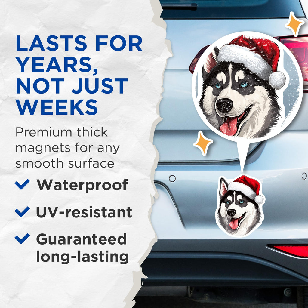(2 Pack) Husky Christmas Magnets - Santa Dog Holiday Decor - Pet Lover Refrigerator Decor - 5 Inches On Longest Side - Thick Durable Magnet - Made in USA - MAG30400
