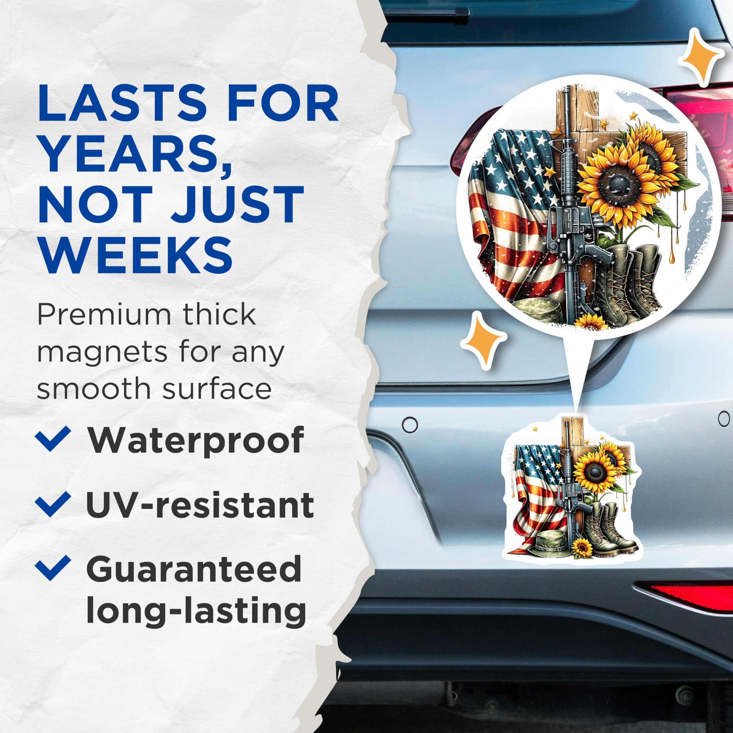 (2 Pack) Memorial Day Magnets - USA Flag and Sunflowers - Patriotic Tribute Magnet - 5" On Longest Side - Premium Magnet - for Cars, Refrigerators, Toolboxes, Lockers - Made in USA - MAG15510