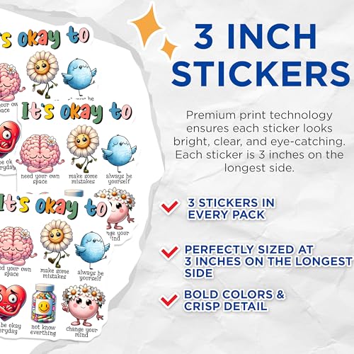 (3 Pack) Mental Health Decals - Self Care Stickers - Inspirational Decals - 3 Inches On Longest Side - Easy Peel & Apply - Made in USA - 3MCS7014