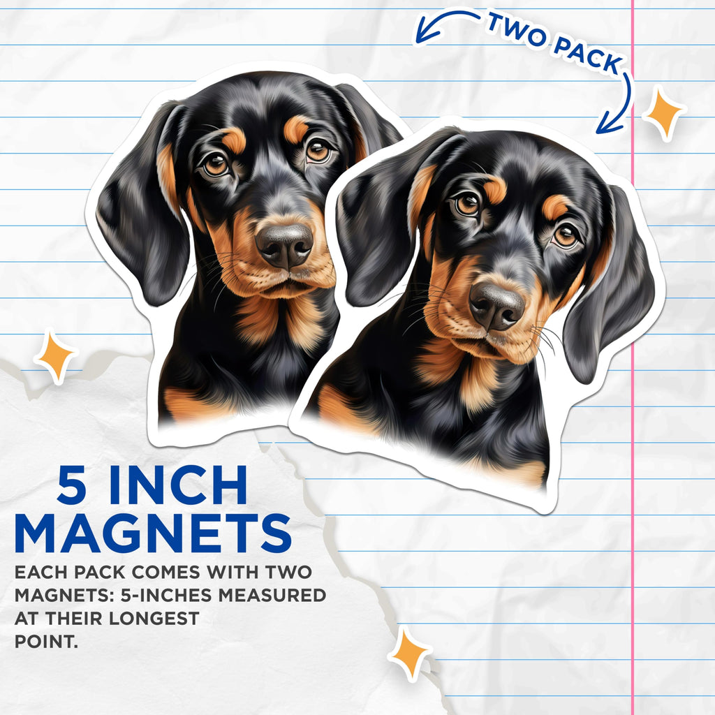 (2 Pack) Dachshund Puppy Magnets - Wiener Dog Refrigerator Decor - Black Tan Doxie Lover - 5 Inches On Longest Side - Thick Durable Magnet - Made in USA - MAG27230