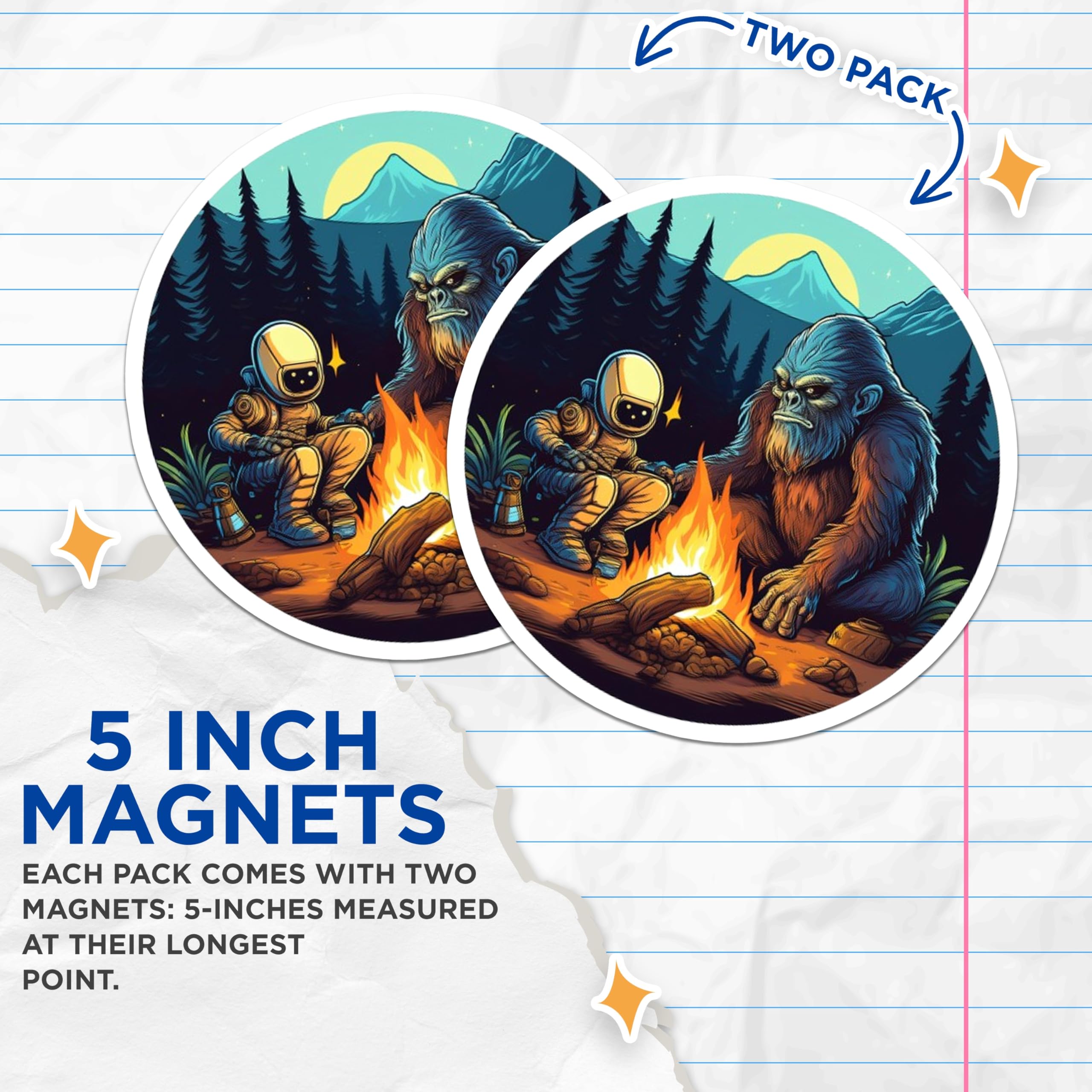 (2 Pack) Bigfoot Astronaut Magnets - Campfire Forest Scene - Mythical Sci-Fi Art - 5 Inches On Longest Side - Thick Durable Magnet - Made in USA - MAG22634