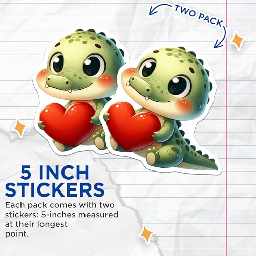 (2 Pack) Cute Dinosaur Heart Stickers - Kawaii Animal Stickers - Adorable Cartoon Stickers - 5" On Longest Side - Sticks to Smooth Flat Surfaces - Made in USA - BMCS3653