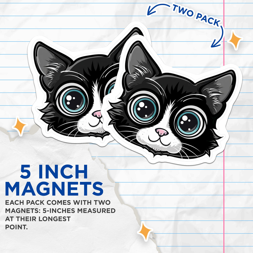 (2 Pack) Cute Cat Magnets - Kawaii Big Eye Kitten Magnets - Pet Lover Refrigerator Decor - Feline Friend Accessory - 5 Inches On Longest Side - Thick Durable Magnet - Made in USA - MAG36044
