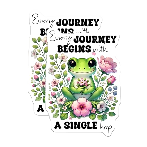(2 Pack) Frog Journey Stickers - Inspirational Frog Quote Stickers - Cute Frog Holding Flowers Stickers - 5" On Longest Side - Sticks to Smooth Flat Surfaces - Made in USA - BMCS3724