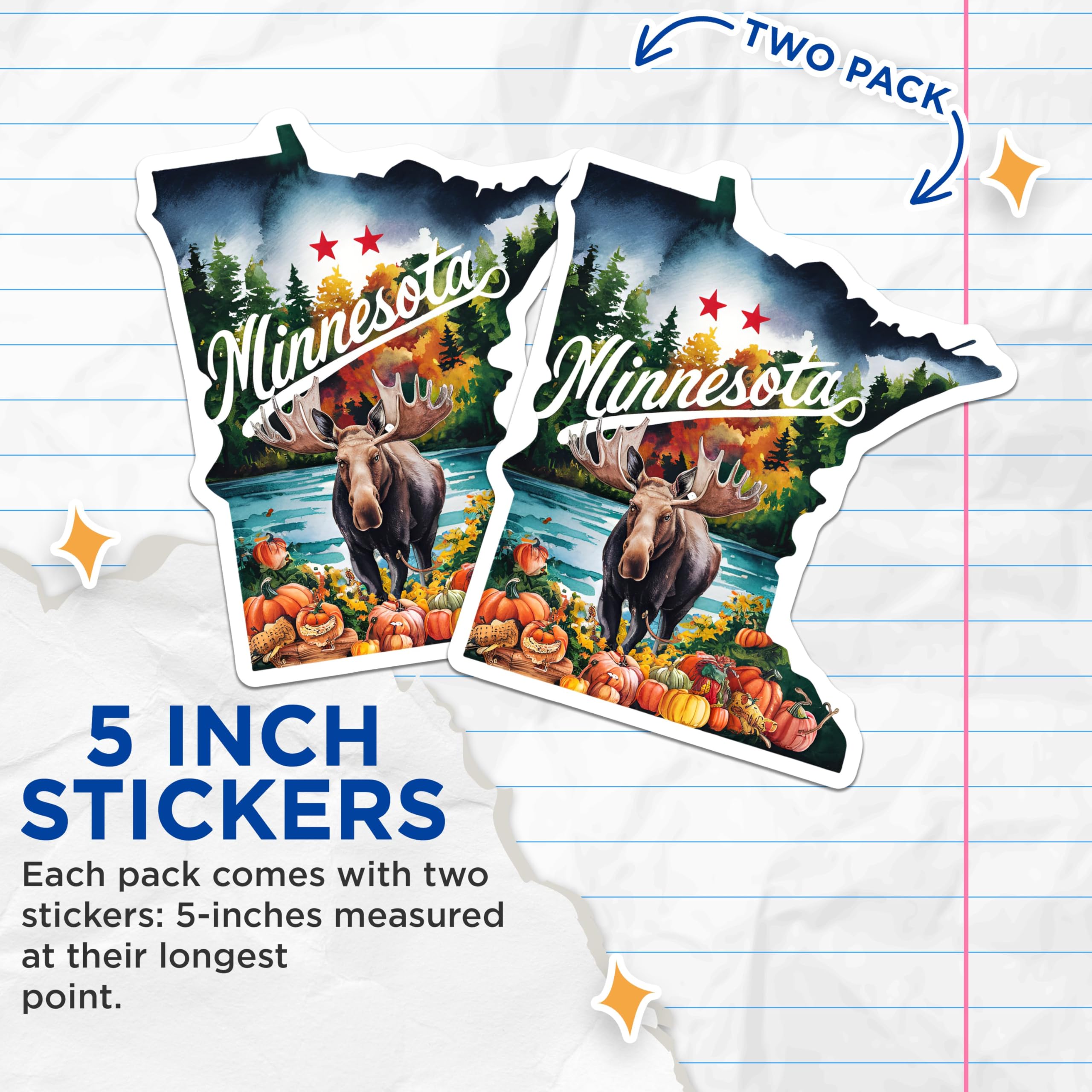(2 Pack) Minnesota State Stickers - Moose Forest Illustration - Autumn Scenic Decal - 5" On Longest Side - Sticks to Smooth Flat Surfaces - Made in USA - BMCS6312