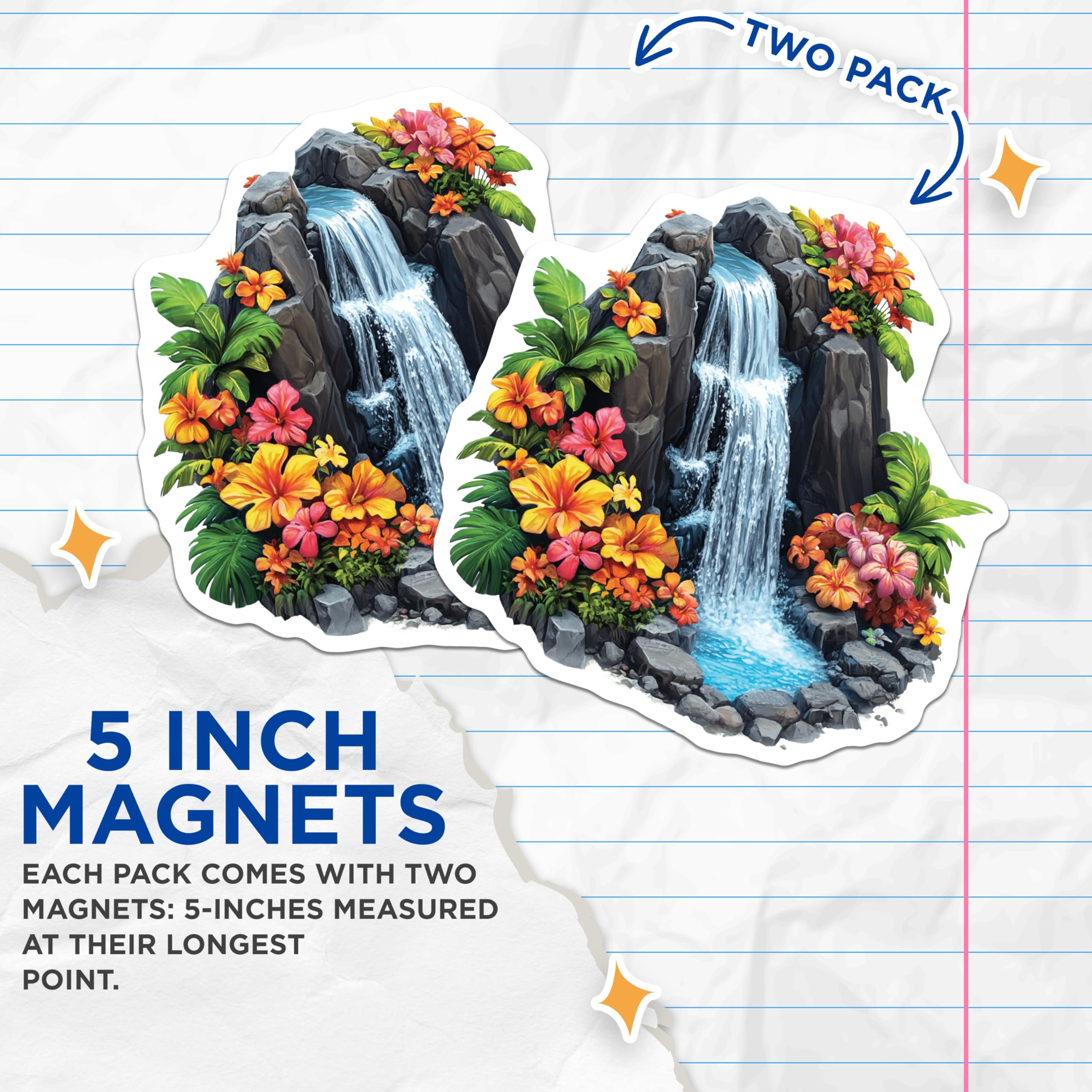 (2 Pack) Tropical Waterfall Magnets - Exotic Floral Scenery - Serene Nature Landscape Decor - 5 Inches On Longest Side - Thick Durable Magnet - Made in USA - MAG19515
