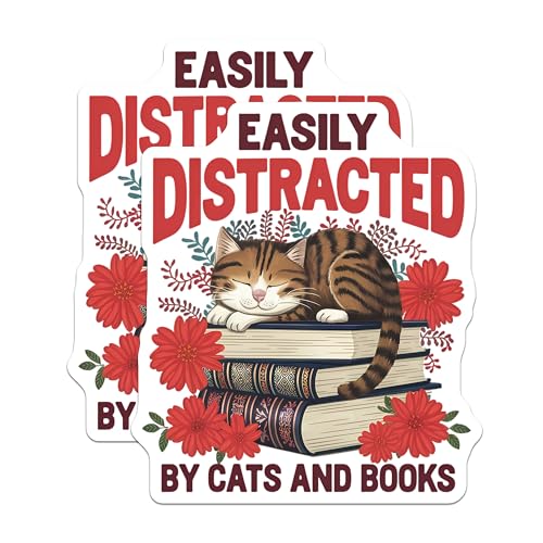 (2 Pack) Easily Distracted by Cats and Books Stickers - Cat Lover Sticker - Bookworm Decals - 5" On Longest Side - Sticks to Smooth Flat Surfaces - Made in USA - BMCS9631