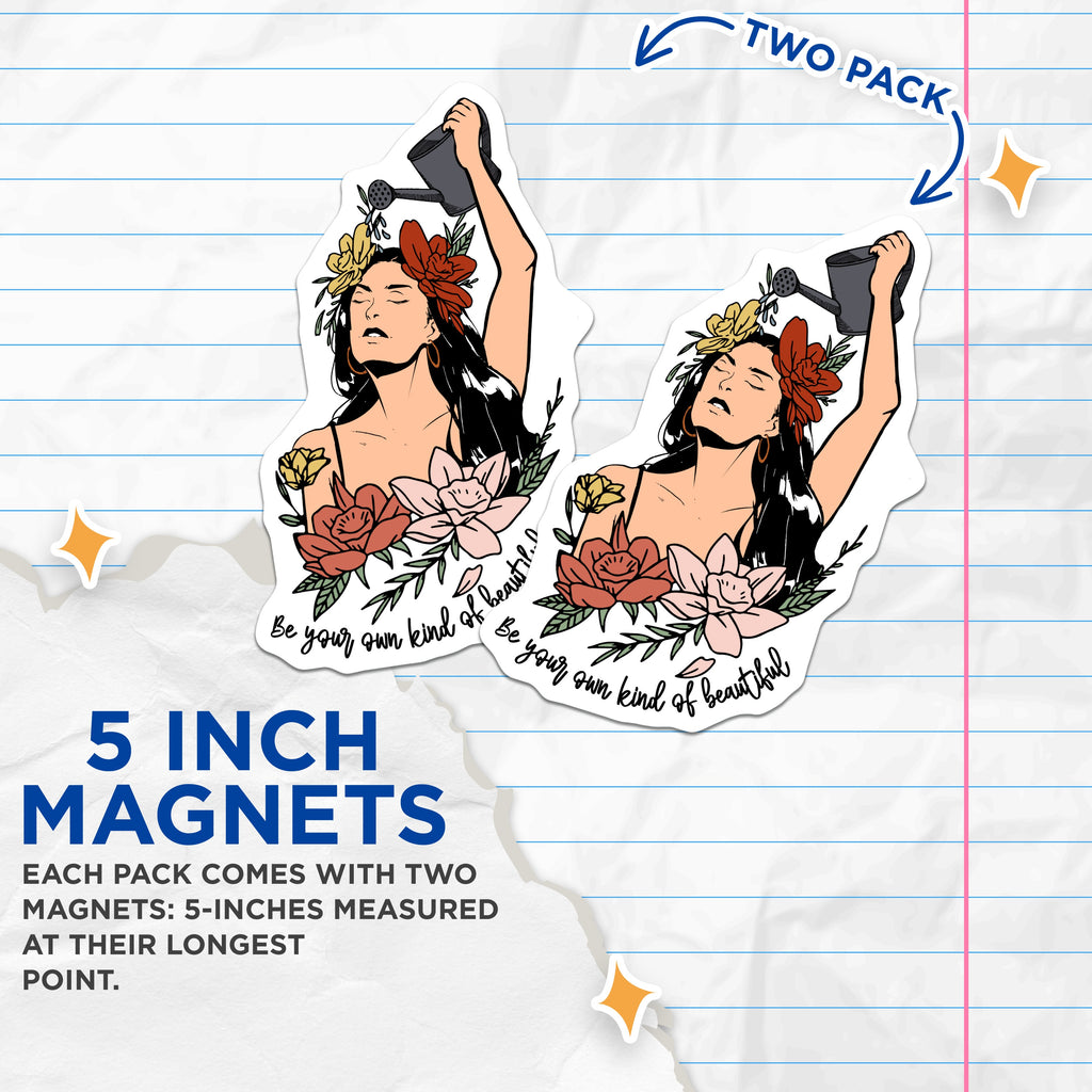 (2 Pack) Be Your Own Beautiful Magnets - Self Love Woman Art - Floral Affirmation Decor - Inspirational Reminder - 5 Inches On Longest Side - Thick Durable Magnet - Made in USA - MAG38760