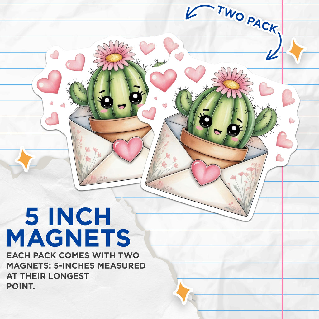 (2 Pack) Kawaii Cactus Magnets - Cute Succulent Decor - Valentine Refrigerator Locker Art - 5 Inches On Longest Side - Thick Durable Magnet - Made in USA - MAG36042