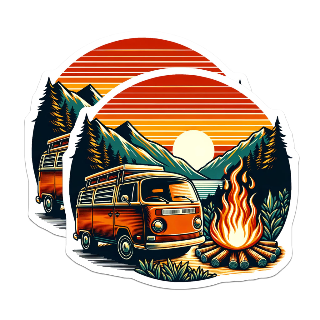 (2 Pack) Camper Van Stickers - Scenic Sunset Decal - Outdoor Adventure Sticker - 5" On Longest Side - Sticks to Smooth Flat Surfaces - Made in USA - BMCS6418