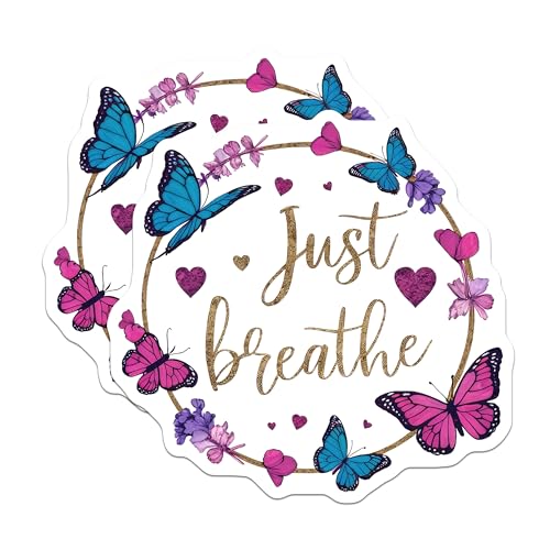 (2 Pack) Inspirational Stickers - Just Breathe Quote - Butterfly and Heart Designs - 5" On Longest Side - Sticks to Smooth Flat Surfaces - Made in USA - BMCS8935
