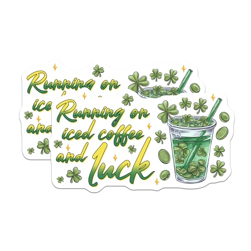 (2 Pack) Coffee Luck Stickers - Shamrock Decals - 5" On Longest Side - Sticks to Smooth Flat Surfaces - Made in USA - BMCS8409 - BMCS8409
