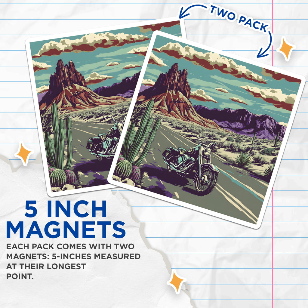 (2 Pack) Motorcycle Desert Magnets - Southwest Road Trip Decor - Route 66 Magnets - 5" On Longest Side - Premium Magnet - for Cars, Refrigerators, Toolboxes, Lockers - Made in USA - MAG18172