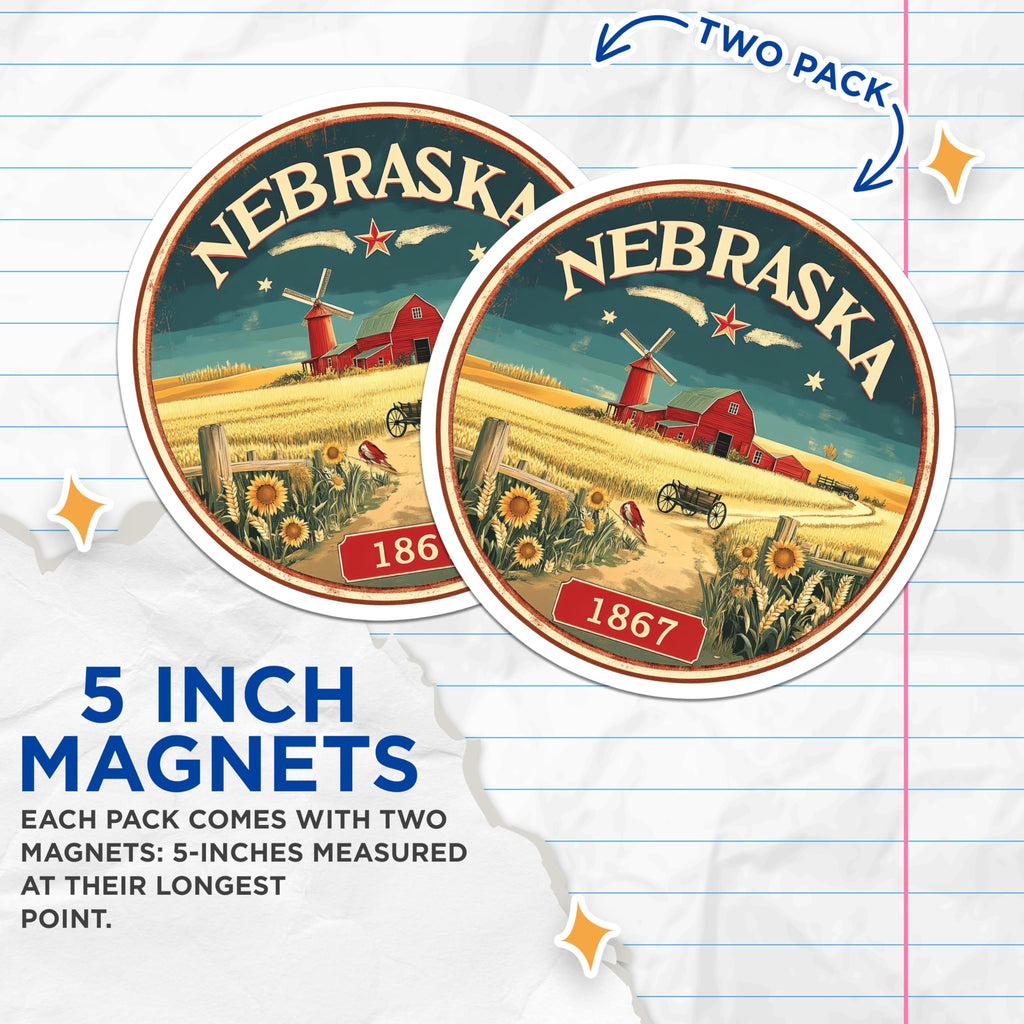 (2 Pack) Nebraska Farm Magnets - State Pride Decor - Cornhusker Landmark Souvenir - 5" On Longest Side - Premium Magnet - for Cars, Refrigerators, Toolboxes, Lockers - Made in USA - MAG15694