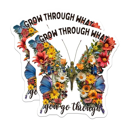 (2 Pack) Grow Through What You Go Through Magnets - Inspirational Butterfly Magnets - Floral Motivational Quotes Magnets - 5" On Longest Side - for Cars, Fridges, Toolboxes - Made in USA - MAG4327