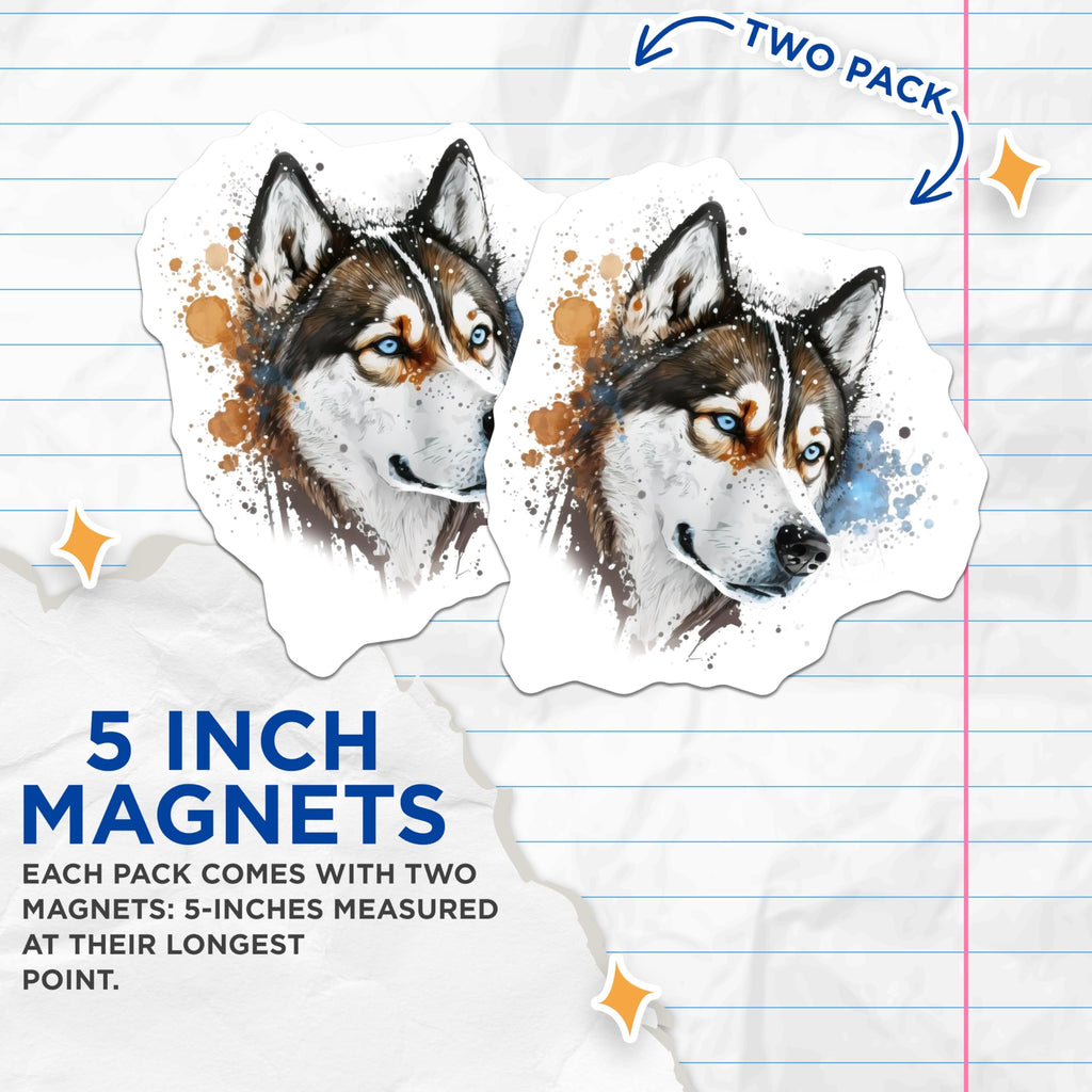 (2 Pack) Siberian Husky Magnets - Majestic Dog Breed Art - Watercolor Pet Lover Decor - Blue Eyes - 5 Inches On Longest Side - Thick Durable Magnet - Made in USA - MAG28763