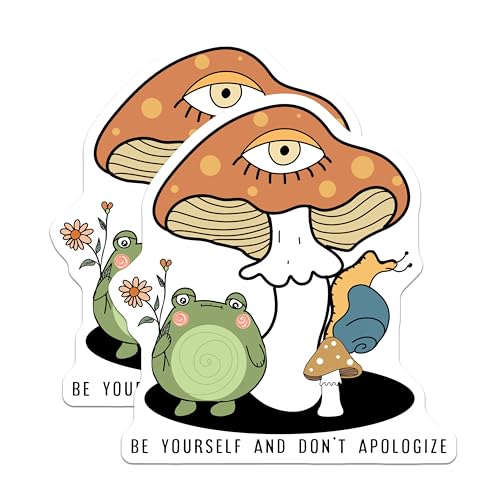 (2 Pack) Positive Message Stickers - Cute Frog and Snail - Be Yourself Quote - Mushroom Illustration - 5" On Longest Side - Sticks to Smooth Flat Surfaces - Made in USA - BMCS6982