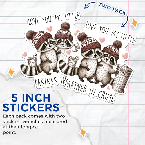 (2 Pack) Cute Raccoon Partner Stickers - Adorable Animal Love Stickers - Partner in Crime Sticker Set - 5" On Longest Side - Sticks to Any Smooth Flat Surface - Made in USA - BMCS2890