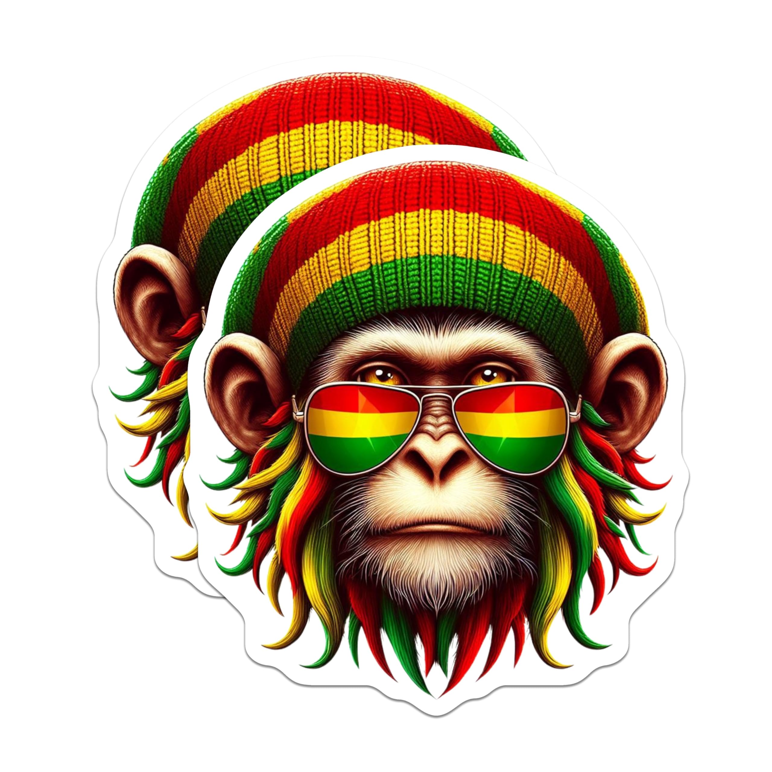(2 Pack) Cool Rasta Monkey Stickers - Unique Animal Stickers - Fun Reggae Vibes Stickers - 5" On Longest Side - Sticks to Smooth Flat Surfaces - Made in USA - BMCS4382