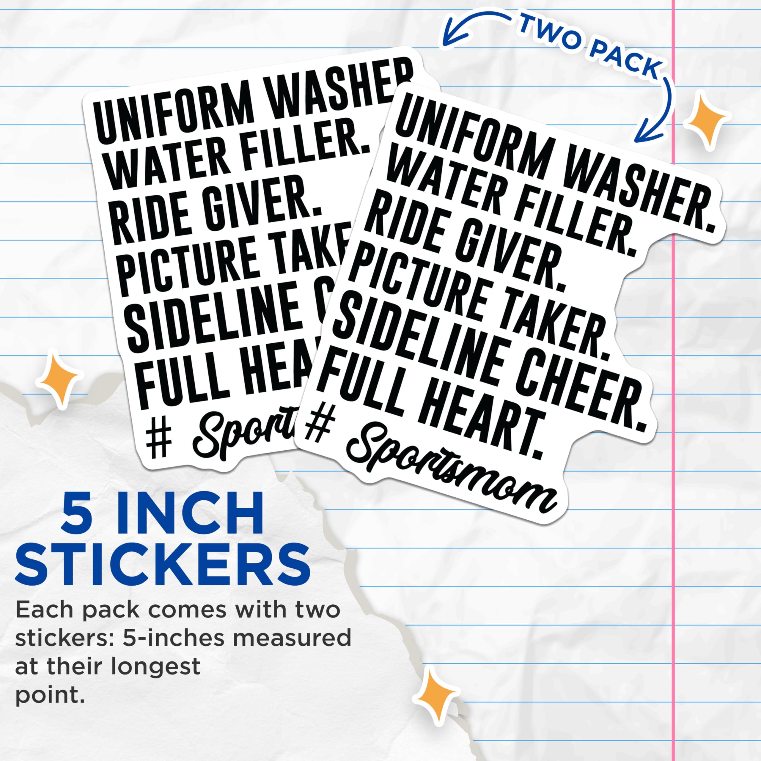 (2 Pack) Sports Mom Stickers - Uniform Washer Ride Giver Stickers - Sideline Cheer Full Heart Stickers - 5" On Longest Side - Sticks to Any Smooth Flat Surface - Made in USA - BMCS3074
