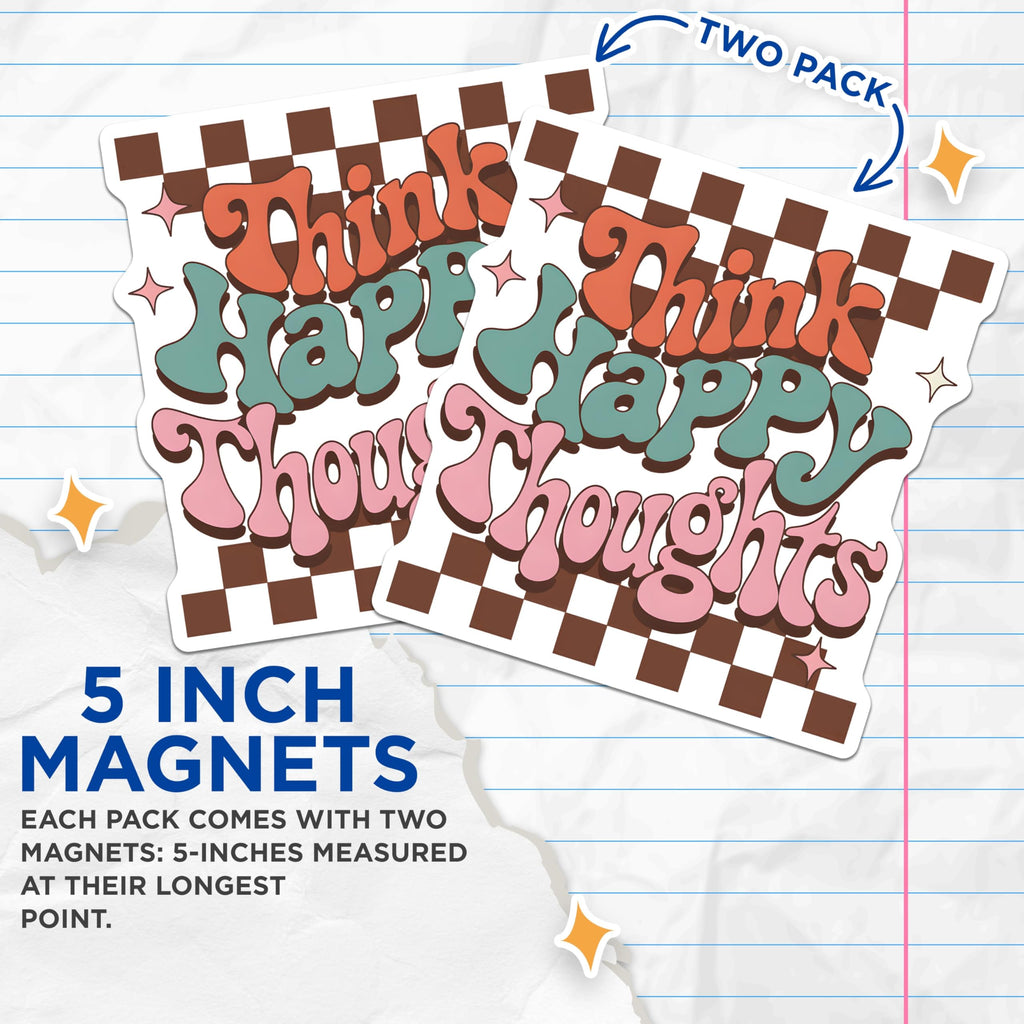 (2 Pack) Happy Thoughts Magnets - Retro Fridge Magnets - Positive Vibes Decoration - 5" On Longest Side - Premium Magnet - for Cars, Refrigerators, Toolboxes, Lockers - Made in USA - MAG17470