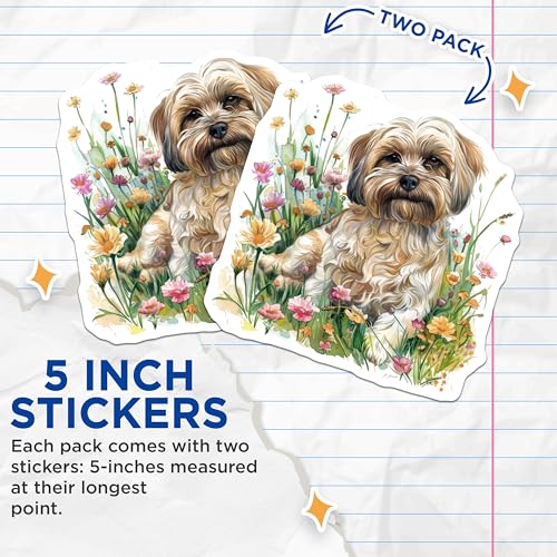 (2 Pack) Adorable Dog Stickers - Cute Pet Decals - Floral Dog Art - Pup in Flowers Stickers - Dog Lover Stickers - 5" On Longest Side - Sticks to Smooth Flat Surfaces - Made in USA - BMCS6459