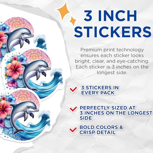 (3 Pack) Dolphin Decals - Floral Laptop Stickers - Ocean Wave Decal - 3 Inches On Longest Side - Easy Peel & Apply - Made in USA - 3MCS8252