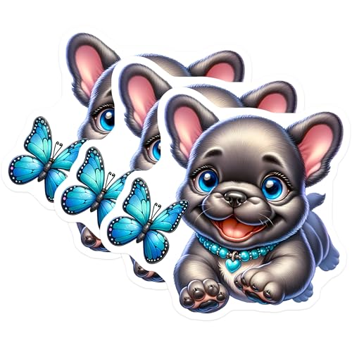 (3 Pack) Cute Puppy Dog Decals - French Bulldog Laptop - Blue Butterfly Art - 3 Inches On Longest Side - Easy Peel & Apply - Made in USA - 3MCS8367