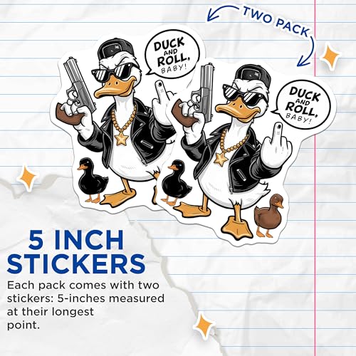 (2 Pack) Duck and Roll Baby Stickers - Funny Cartoon Duck - Cool Duck with Sunglasses - 5" On Longest Side - Sticks to Smooth Flat Surfaces - Made in USA - BMCS9534