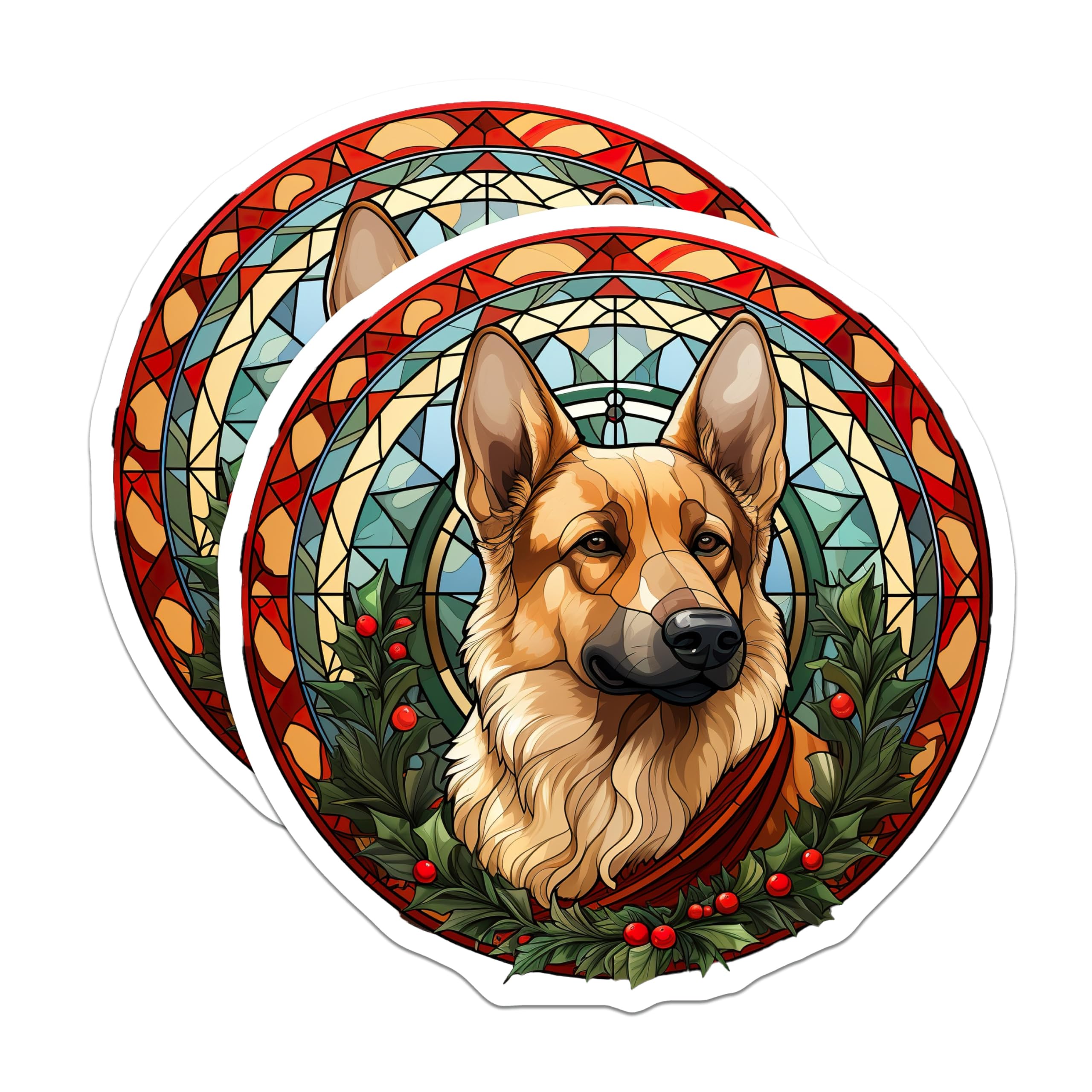 (2 Pack) German Shepherd Magnets - Stained Glass Holiday Decor - Festive Dog Art - 5 Inches On Longest Side - Thick Durable Magnet - Made in USA - MAG29216