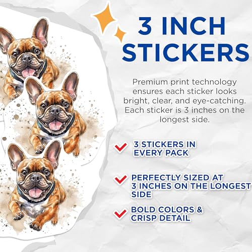 (3 Pack) French Bulldog Decals - Cute Dog Stickers - Puppy Breed Sticker Pack - 3 Inches On Longest Side - Easy Peel & Apply - Made in USA - 3MCS1061