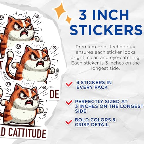 (3 Pack) Bad Cattitude Decals - Angry Cat Meme - Sassy Cat Decal - 3 Inches On Longest Side - Easy Peel & Apply - Made in USA - 3MCS4723