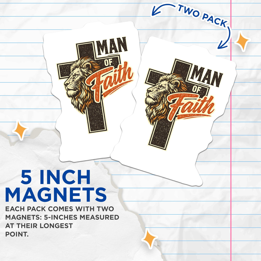 (2 Pack) Man of Faith Lion Cross Magnets - Christian Religious Home Decor - Inspirational Scripture Art for Men - 5 Inches On Longest Side - Thick Durable Magnet - Made in USA - MAG22565