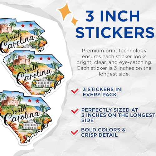(3 Pack) South Carolina Decals - State Pride - Travel Souvenir- 3 Inches On Longest Side - Easy Peel & Apply - Made in USA - 3MCS5066
