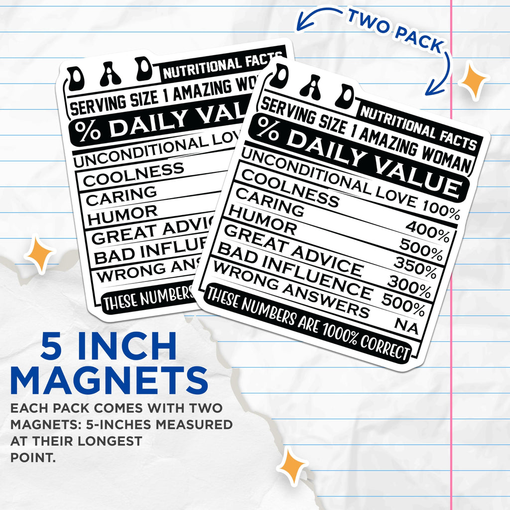 (2 Pack) Amazing Woman Magnets - Nutritional Facts Magnet - Mom Nutritional Stats - 5" On Longest Side - Premium Magnet - for Cars, Refrigerators, Toolboxes, Lockers - Made in USA - MAG15344