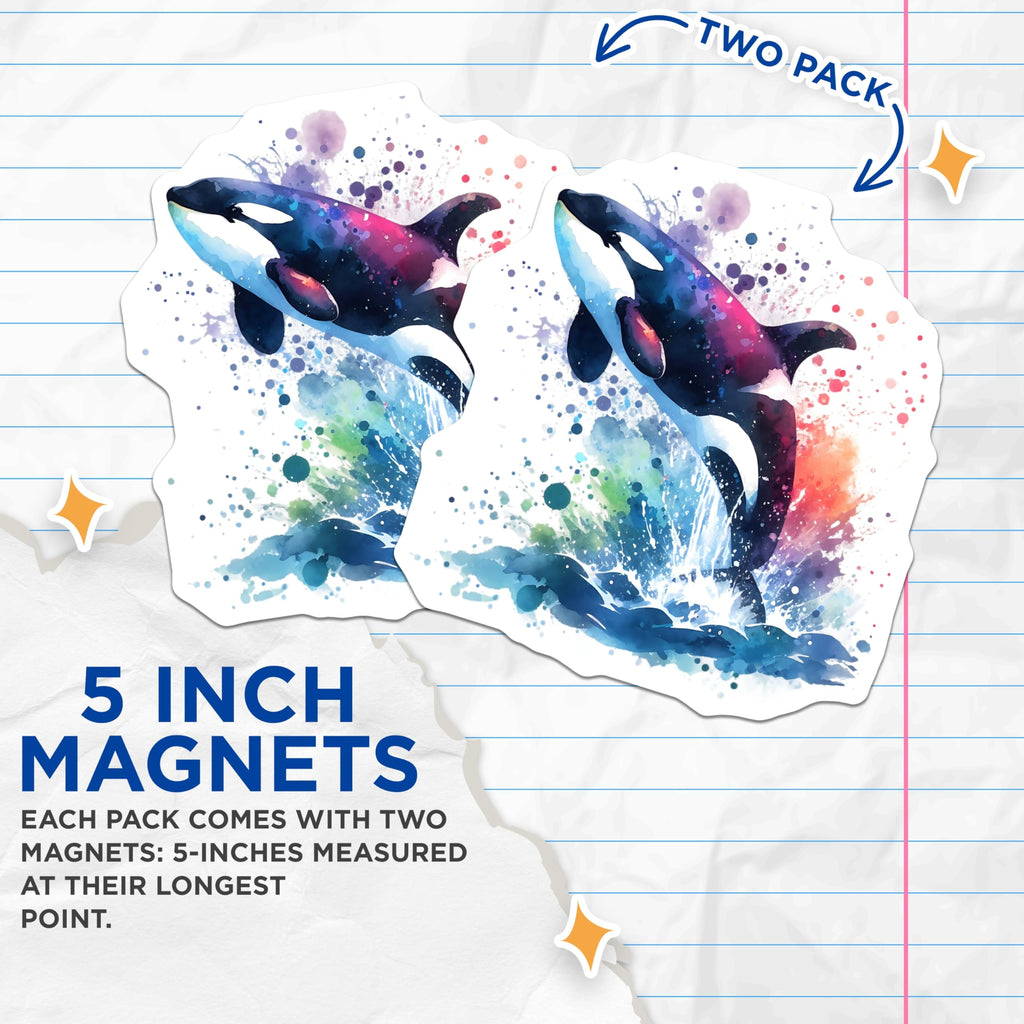 (2 Pack) Orca Whale Magnets - Watercolor Killer Whale - Fridge Magnets - 5" On Longest Side - Premium Magnet - for Cars, Refrigerators, Toolboxes, Lockers - Made in USA - MAG15843