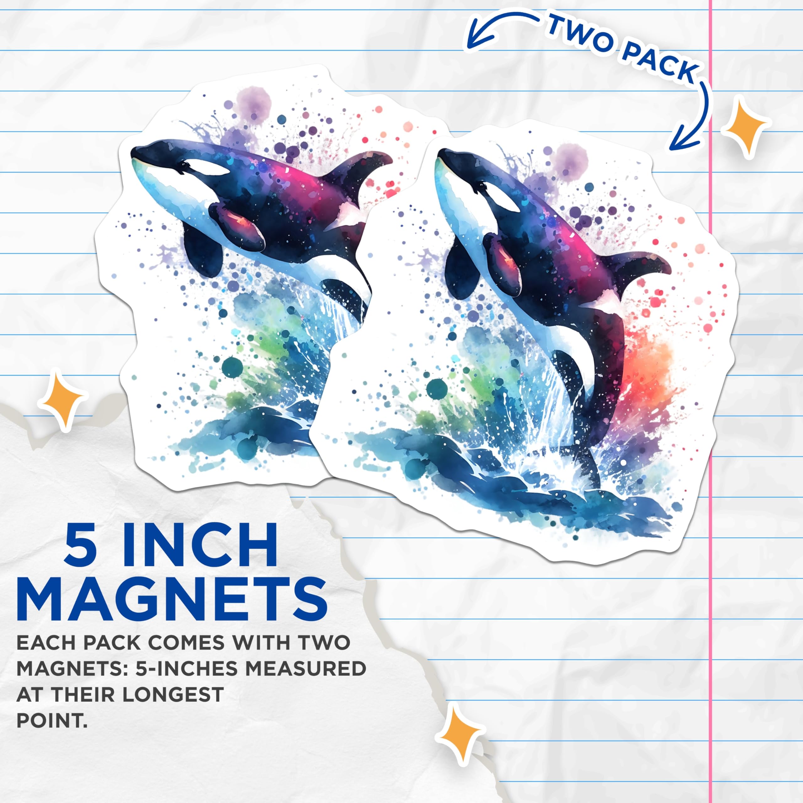 (2 Pack) Orca Whale Magnets - Watercolor Killer Whale - Fridge Magnets - 5" On Longest Side - Premium Magnet - for Cars, Refrigerators, Toolboxes, Lockers - Made in USA - MAG15843